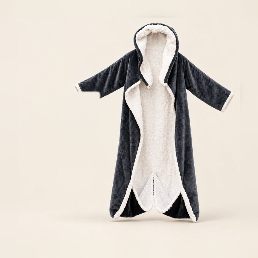 The Emberly heated hooded wearable blanket — navy flannel with sherpa lining